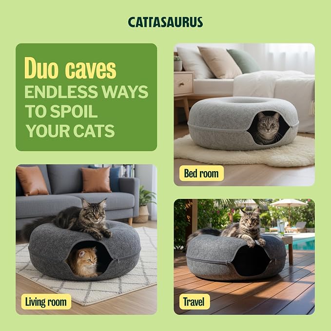 Peekaboo Cat Cave Duo Jumbo Set, Extra Spacious Cat Donut for Multiple & Large Kitty 15+ lbs, Scratch Detachable Cat Beds for Indoor Cats, Washable Cat Tunnel Bed, Best Kitten Toys