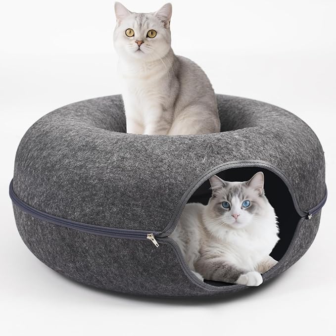 Cat Caves for Indoor Cats, Large Cat Tunnel for Multiple & Large Cats, Scratch Detachable Cave Bed, Kitten Donut Kitty Hideaway Up to 45 Lbs (Dark Grey, Large, 1 Pack)