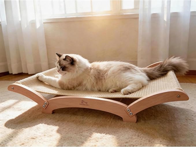 Extra-Large Sisal Cat Scratcher Bed for Indoor Cats, Cat Scratching Post with Hammock Nartural Sisal Scratch Pad for Large Cats Scratcher Lounge Chair, Wooden Cat Furniture (Nartural)