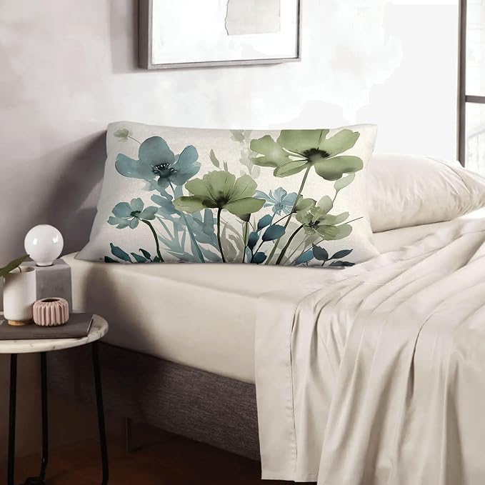 Floral Pillow Covers 12x20 Inches Set of 2 Sage Green Blue Floral Throw Pillow Covers Outdoor Spring Summer Flower Decoration Pillowcase Farmhouse Decorative Lumbar Cushion Cover For Home Sofa