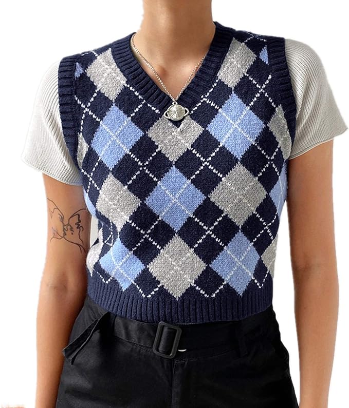 Women's Sweater Vest,Y2K Sleeveless Pattern Preppy Style Knitted Crop Tank Top for Girl