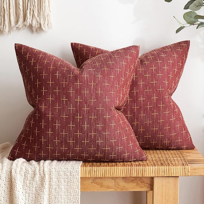 MIULEE Pack of 2 Christmas Decorative Burlap Linen Throw Pillow Covers Modern Farmhouse Pillowcase Rustic Woven Textured Cushion Cover for Sofa Couch Bed 18x18 Inch Wine Red