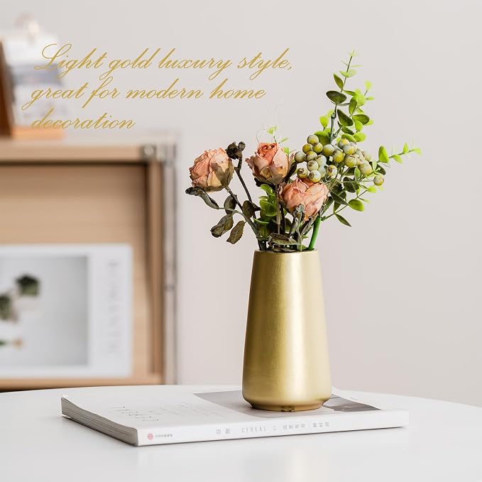 Simple Boho Ceramic Flower Vase for Home Decor (Light Gold,Small) | 6'' Modern Vase for Flower Plant Pampas Grass, Fit for Table Shelf Centerpieces, Living Room Kitchen Bedroom Wedding Gift