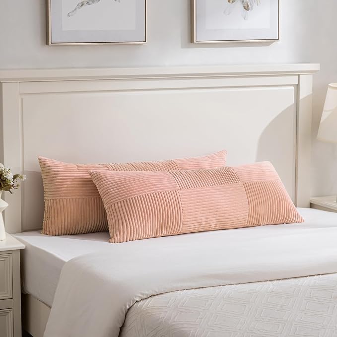 Fancy Homi Set of 1 Peach Boho Long Lumbar Body Decorative Throw Pillow Cover 14x36 Inch for Bed Couch Bedroom Bench, Soft Patchwork Corduroy Textured Pillow Case, Rustic Farmhouse Room Decor