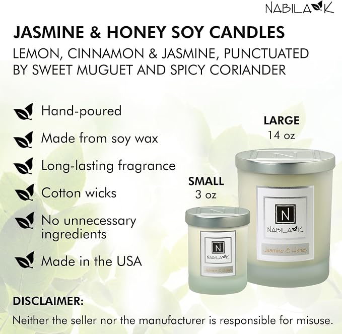 Nabila K – Jasmine & Honey - Soy-Based Candle - Jasmine, Ylang-ylang, Gardenia, Tuberose, and Honeysuckle, Honey - Hand-Poured - Cotton Wick - Aromatherapy - Essential Oils - Made in USA - 3 oz
