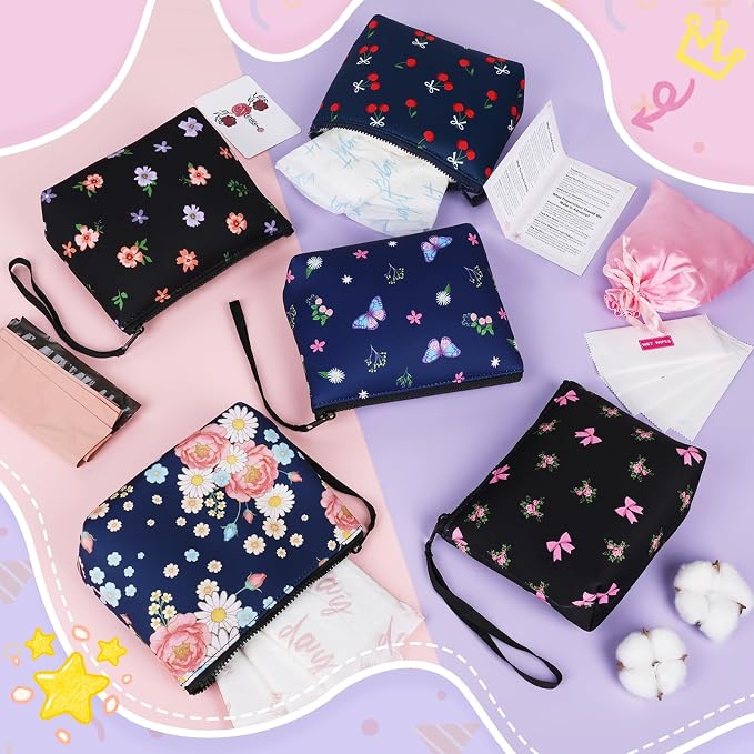 First Period Kit for Girls, Neoprene Sanitary Napkin Storage Bag, Menstrual Pad Bag Tampon Holder for Purse, First Period Gifts for 9-12 (Pink Rose)