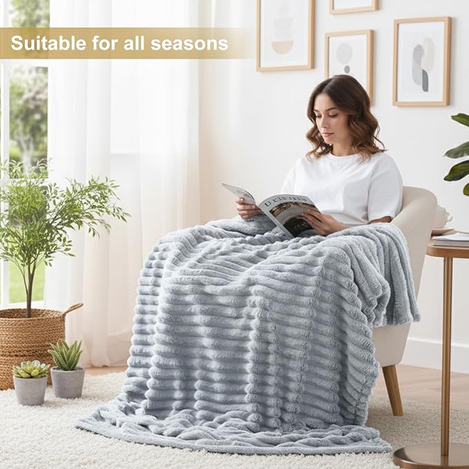 decorUhome Light Grey Fleece Twin Blanket 60x80 Inches | Soft Couch Cozy Fluffy Plush Flannel Striped Blanket for Sofa Bed, Lightweight Decorative Ribbed Fuzzy Blanket for Woman