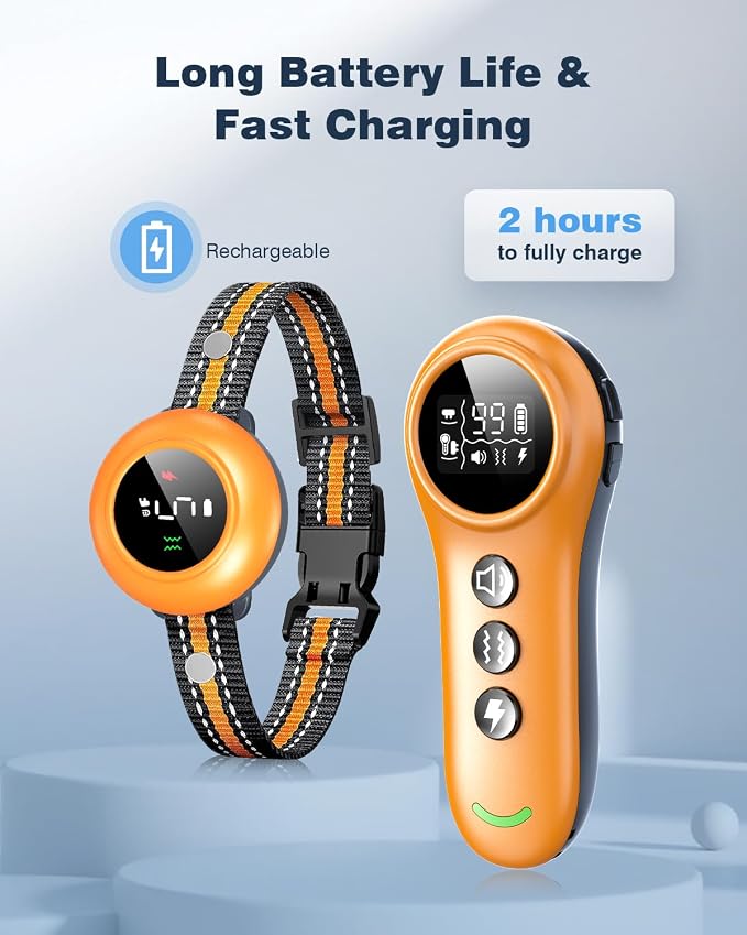 2-in-1 Dog Shock Collar & Dog Bark Collar - Smart Anti Barking Dog Training Collar with 5 Adjustable Sensitivity & 3300FT Remote for All Breeds IP67 Waterproof Rechargeable E-Collar (Orange)