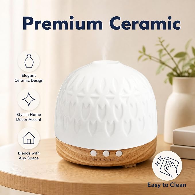 Ceramic Diffuser - 300ML Essential Oil Diffuser,White Porcelain Design, Quiet Cool Mist, 4 Timer Modes, Auto Shut-Off, Night Light for Bedroom and Home
