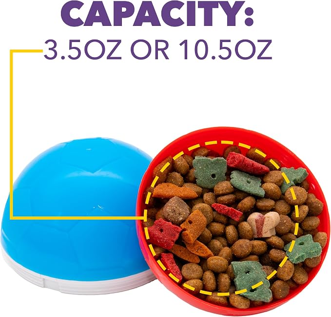 amicus Mini - Crazy Ball Dispenser - Pet Toy - Interactive Treat Dispensing - pet Ball to Keep Them Busy - Slow Feeder - 100g/3.5 oz - Red/Blue