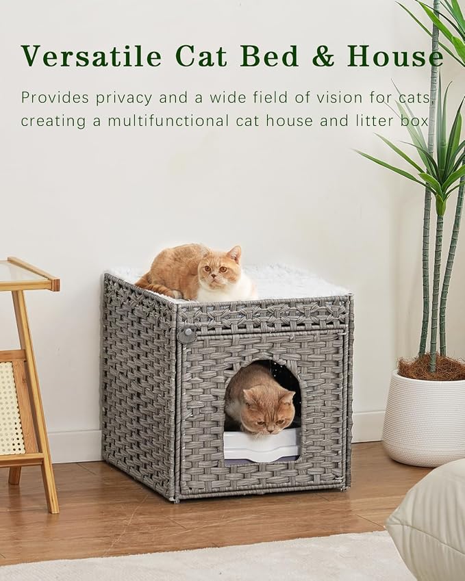 SETVSON Cat Houses for Indoor Cats Extra Large Double Cat Cave, Gray | Spacious Multi-Cat House, Furniture End Table Look, Soft Washable Cushion, Sturdy Metal Frame, 18.5x20.5x19.1 In Woven Cube