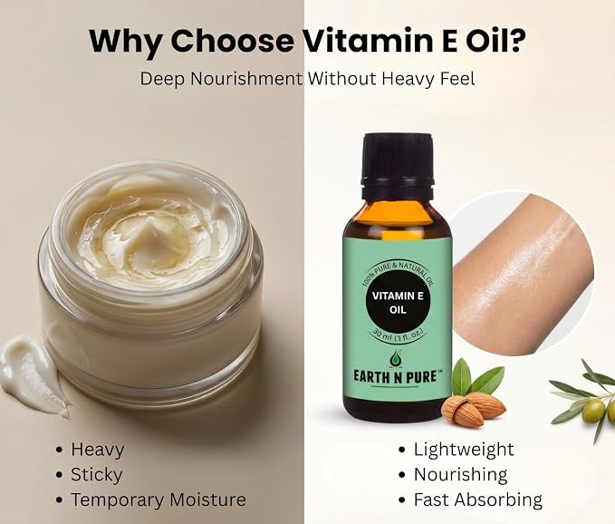 Earth N Pure Vitamin E Oil for Skin & Hair 50ml | 100% Pure & Natural Tocopherol Oil | Face Moisturizer, Deep Skin Hydration, Dark Spots, Scars, Nails, Scalp & DIY Skincare | 50ml