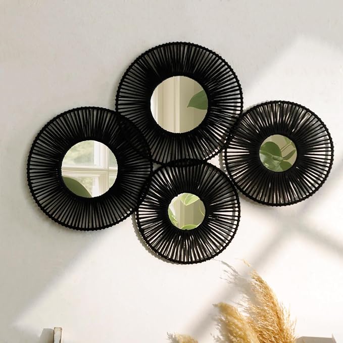 Artilady Baskets Macrame Wall Hanging with Mirror, Black Boho Wall Decor | Woven Wicker Basket, Farmhouse Rustic Jute, Bedroom Living Room Nursery Home Decor, 4Pcs