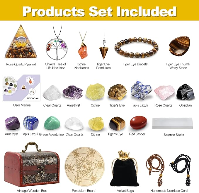 28 Pcs Healing Crystals and Stones,Chakra Crystal Set,7 Raw Chakra Crystals Stones Set Pyramid Natural Reiki Real Crystal Stones with Wooden Box, Gifts for Women, Valentine's Day Gift