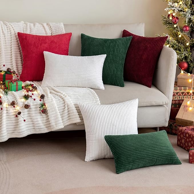 MIULEE Decorative Corduroy Throw Pillow Covers Set of 2 16x16 Pure White | Soft Striped Textured Cushion Cases, Boho Square Pillowcases Neutral Home Decor, for Couch Chair Sofa Bed Living Room