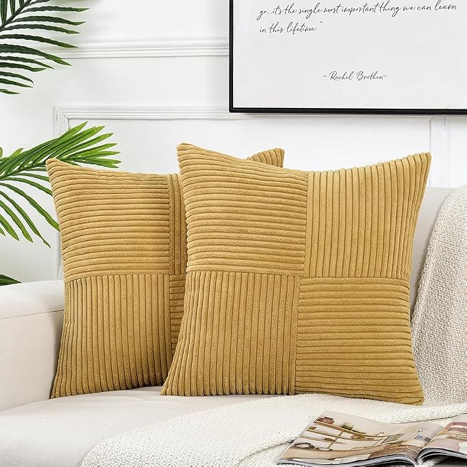Fancy Homi Mustard Yellow Decorative Throw Pillow Covers 20x20 Inch for Living Room Couch Bed Sofa, Farmhouse Boho Home Decor, Soft Corss Corduroy Patchwork Accent Square Cushion Case 50x50 cm