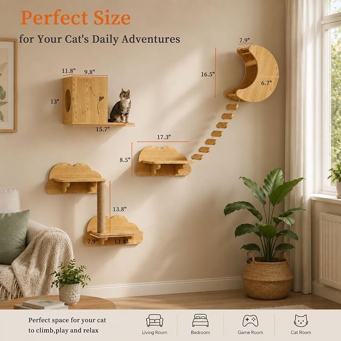 Solid Wood Climbing System for Large Cats, 7-Piece Cat Wall-Mounted Furniture with Moon Bed, Star House, Suspension Bridge and Scratching Post for Indoor Cats