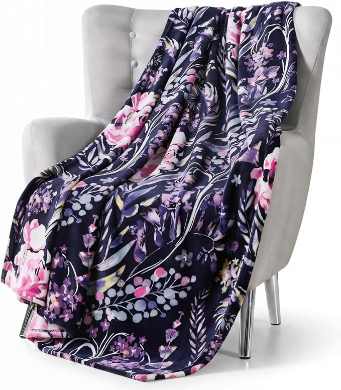 Floral Fleece Throw Blanket: Flowers Velvety Soft Vibrant Botanical Accent for Couch or Bed, Colors: Dark Navy Blue Pink Purple Yellow Green White, Oversized 50" x 70"