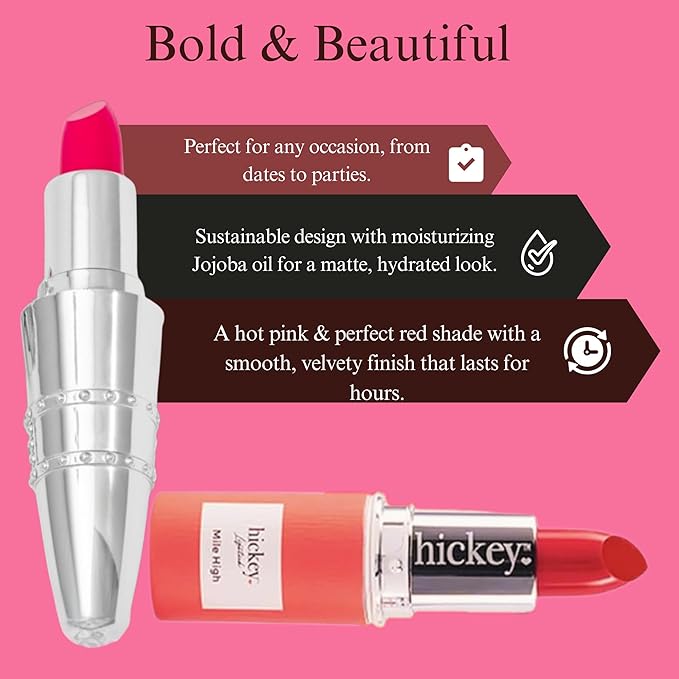 Hickey Lipstick Mile High Organic Perfect Red Lipstick & Hot Pink (Pack of 2) - Long Lasting Lipstick for Women - Hydrating & Moisturizing, Best Lip Color for Women, Gluten-Free & Vegan, 2 Shades