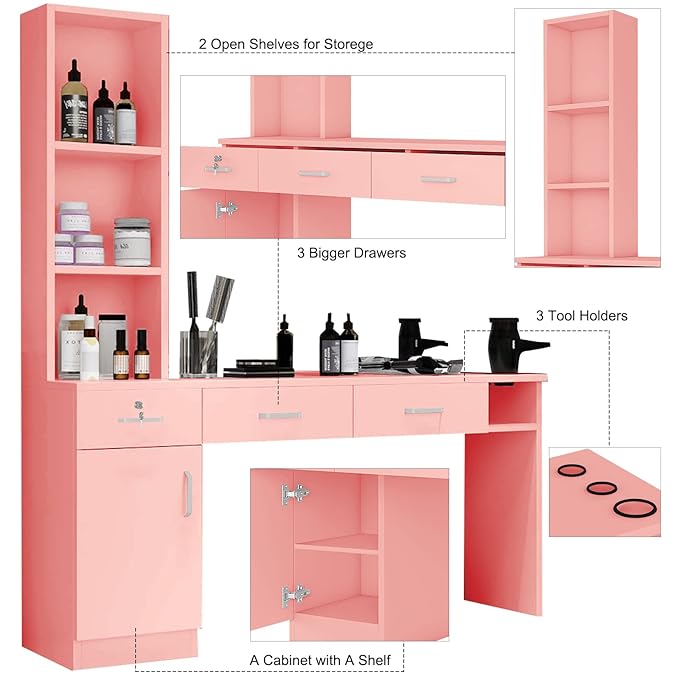 Paddie Barber Salon Station Wall Mount Hair Styling Salon Equipment Set Beauty Spa Furniture Set, Lockable Left Shelf, Mirror not Included (Rose Pink)