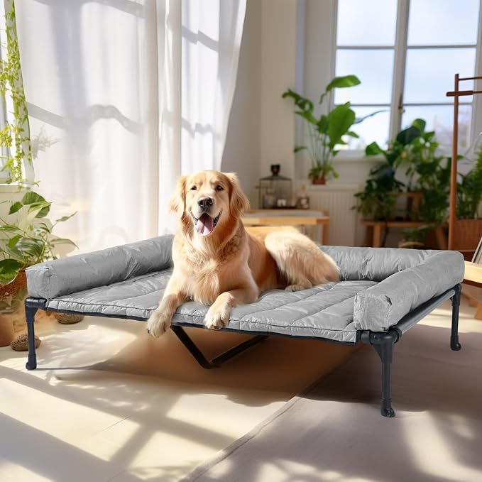 Veehoo Outdoor Elevated Dog Bed with Waterproof Bolster Cushion, Cooling | Raised Dog Bed with Removable & Washable Mat Topper, Breathable Mesh, Dog Couch Cot for Indoor Outdoor, 49", Large, Grey