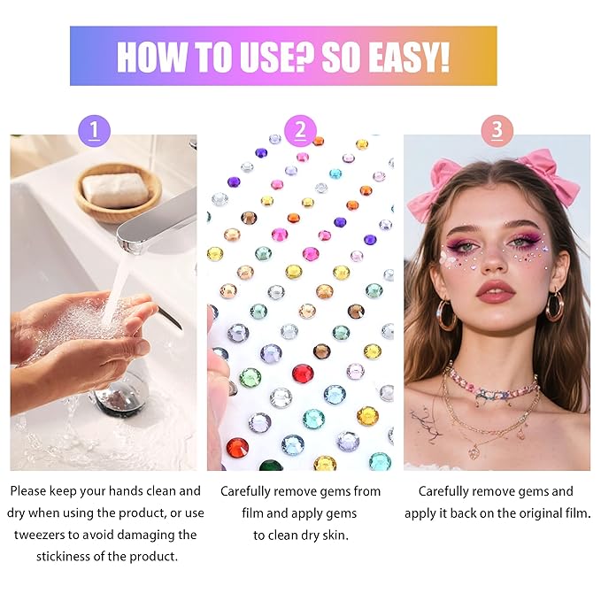 SAOROPEB 5 Sheets Face Gems Face Jewels Stickers, Self Adhesive Eye Body Face Nail Crystal Rhinestones Rainbow for Women Festival Accessory and Nail Art Decorations