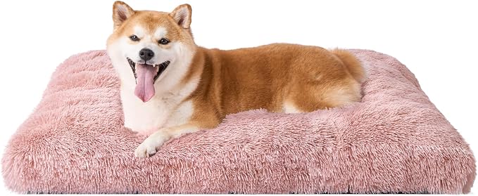 EHEYCIGA Fluffy Dog Crate Bed for Large Dogs, Plush Faux Fur Pad, Pink | Calming Anti Anxiety Large Dog Crate Bed, Washable Soft Warm Mat with Non-Slip Bottom