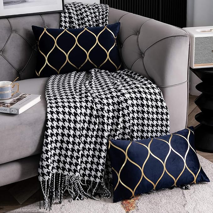 Gold Velvet Throw Pillow Covers Navy: 2 Pack 12x20 Inch Rectangular Decorative Pillow Cases for Bedroom Sofa Couch Living Room