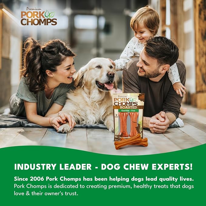 Pork Chomps Rawhide Free Pork Skin Dog Chew Bone, 4.5in, 2ct | Roasted, pressed pork skin chew. Long-lasting, high protein, low fat, healthy & delicious.