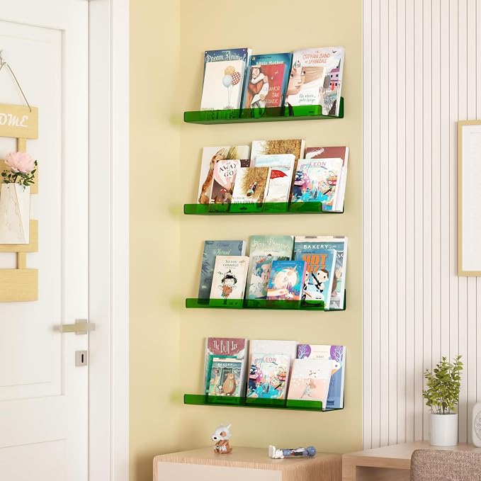 upsimples 4 Pcs 15" Acrylic Shelves for Wall Decor and Display, Green | Cute Floating Shelf for Perfume, Skincare, Nail Polish, Wall Organizer for Bedroom, Living Room, Playroom, Room Décor