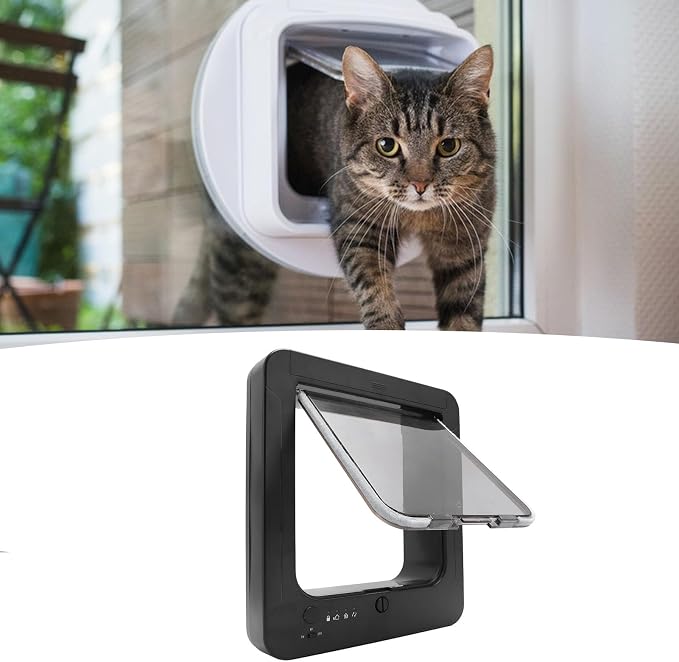 Smart Electronic Pet Door, Automatic Unlocking Microchip Dog Door with 4 Distinct Modes, Selective Entry and Exit, Weatherproof Battery Powered Pet Door for Multi Pet Homes (Black + Remote