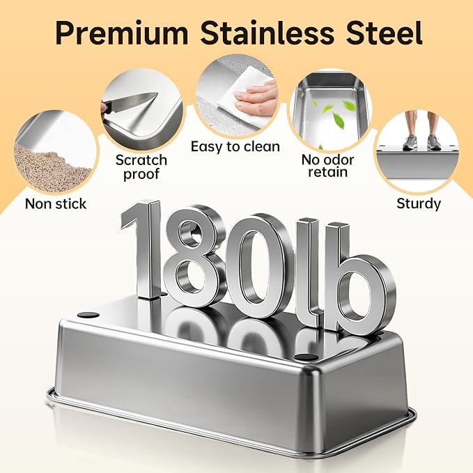 High-Sided Stainless Steel XL Cat Litter Box for Cats | Open Top, Front Entry, Non-Stick & Leak-Proof, Odor Free, Scoop Included, Anti-Urine Leakage