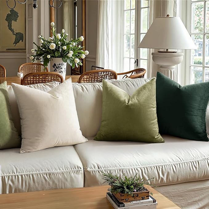 MIULEE 24x24 Inch Pack of 2 Euro Velvet Throw Pillow Covers Army Green | Soft Solid Decorative Euro Sham, Modern Luxury Home Decor, for King Bed Sofa Couch Bedroom Livingroom