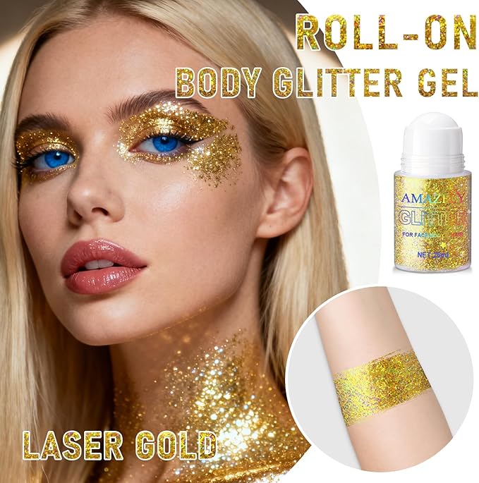Roll-on Holographic Body Glitter Gel for Face and Hair, Chameleon Color Changing Glitter Gel Under Light, Chunky Mermaid Sequins Festival Party Rave Accessories Body Shimmer Makeup (Gold)