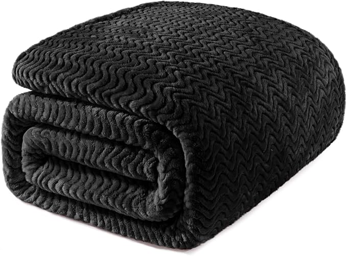 Exclusivo Mezcla Soft Fleece Blanket Queen Size for Bed, Sofa, Black | 90"x90" Breathable Lightweight Flannel Blanket for Summer, Plush Cozy Jacquard Wave for Home Decor