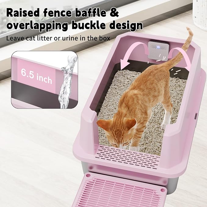RIZZARI High-Sided Large Cat Litter Box: 2-Pack for Multi-Cat Use | 304 Steel Odor-Resistant Tray / 6.5" High Splash Guard / Dual Anti-Tracking / Built-In Deodorizer / Spacious for Large Breeds
