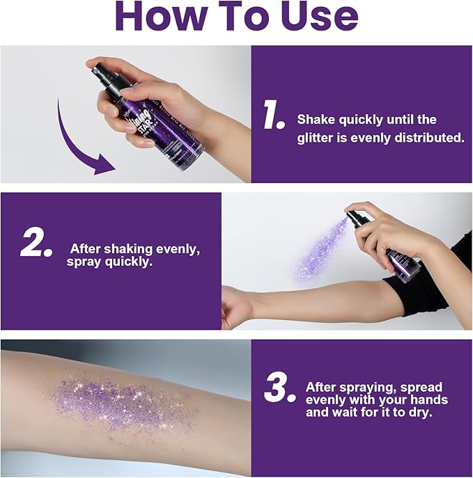 Body Glitter Spray, Glitter Hairspray, Purple Body Glitter Spray, Quick-Drying and Waterproof Glitter Hairspray, Nozzles are not Easily clogged, Long-Lasting Body Shiny for Stage Makeup, 3.38Oz