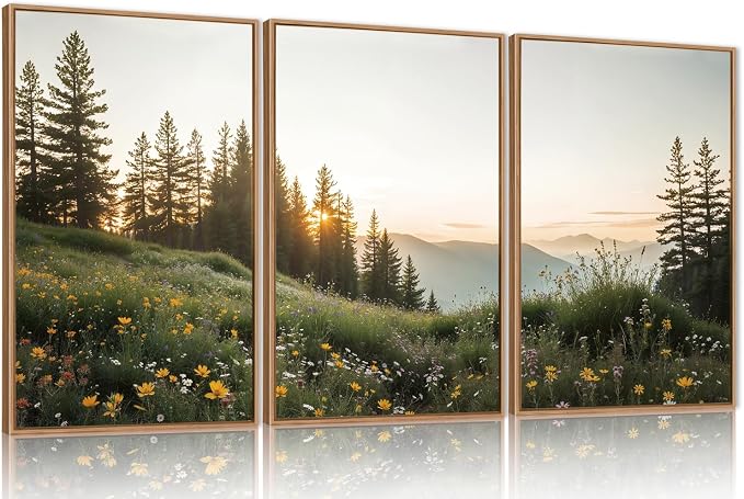 FWIEXA Green Forest Mountain Framed Canvas Wall Art Set, Wildflower Meadow Wall Decor, Floral Pictures Artwork, Nature Sunset Landscape Art Prints for Living Room, Bedroom, Office - Size 24"x36"x3