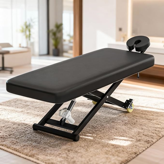 Electric Massage Table Bed - Facial Spa Treatment Table, Esthetician Bed with Wheel, Hand & Foot Pedal Dual Control Adjustable Height 440lbs, Professional Salon & Beauty Spa Use (Black)