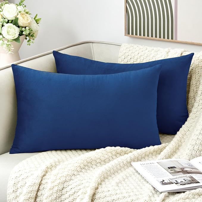 Throw Pillow Covers Decorative Velvet Set of 2 12x20 Inch Pillow Covers, Soft Navy Blue Lumbar Pillowcases for Couch Sofa Bed Living Room, Farmhouse Home Boho Decor, Accent Cushion Covers