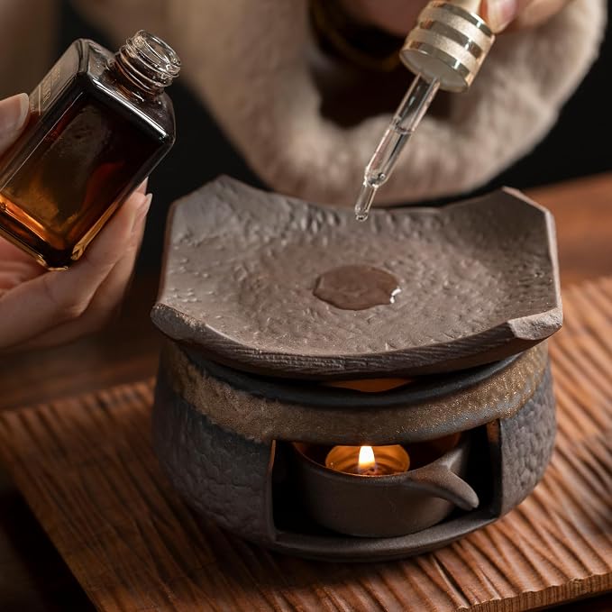 Cedar Aromatherapy Burner & Ceramic Oil Warmer for Home & Office (Heat-Resistant Tile Baking Tray + Stone-Patterned Oven + Accessories)