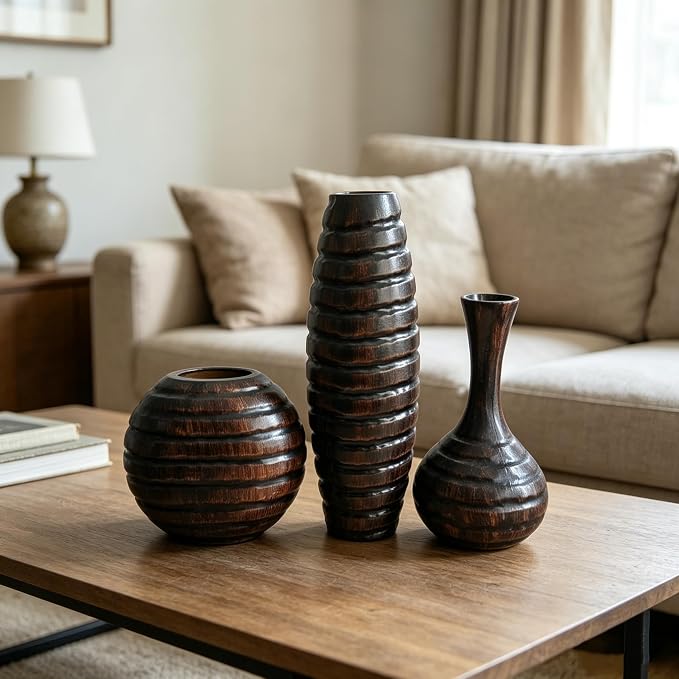 Hosley's Set of 3 Carved Wood Vases Small 6" Medium 8" and Tall 12" High. Ideal Gift for Floral Arrangements Wedding and Use for Home Office Decor Fireplace Floor Vases Spa Aromatherapy Settings