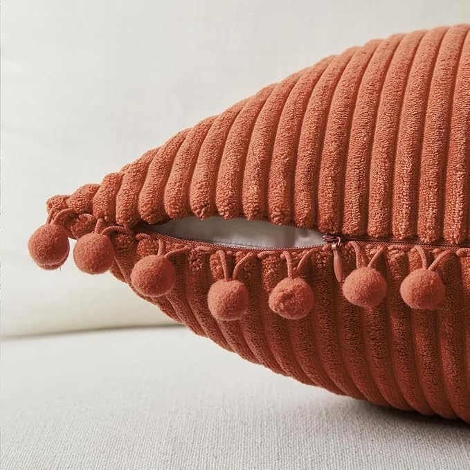Fancy Homi Pack of 2 Burnt Orange Decorative Throw Pillow Covers 16x16 Inch with Pom-poms for Couch Bed Bedroom, Soft Corduroy Solid Square Cushion Case 40x40 cm, Farmhouse Boho Fall Home Decor