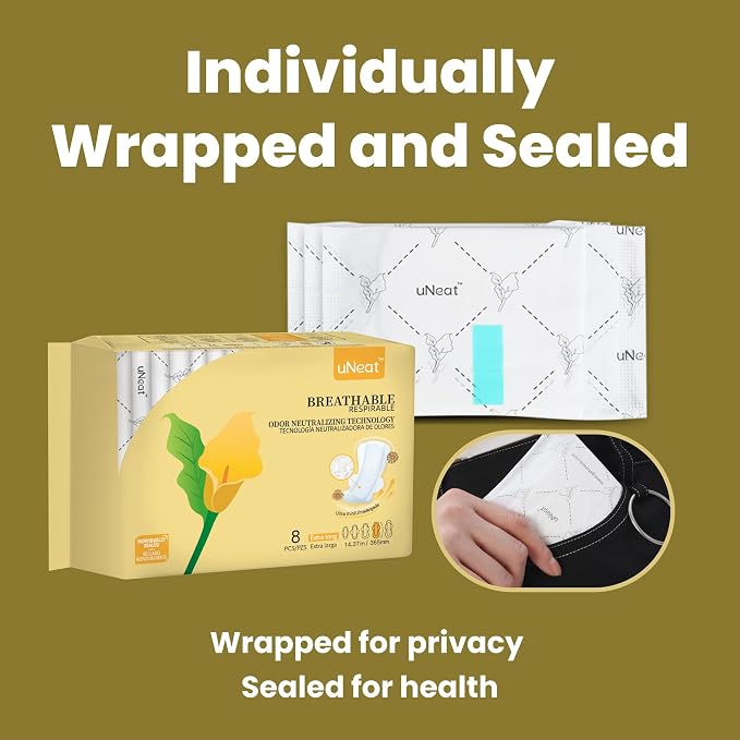 uNeat Extra Long Pads for Women, Ultra Thin Heavy Flow Sanitary with Wings, Unscented Cotton Menstrual, Super Absorbency Feminine Extra Coverage Period (Size 4, 48ct)