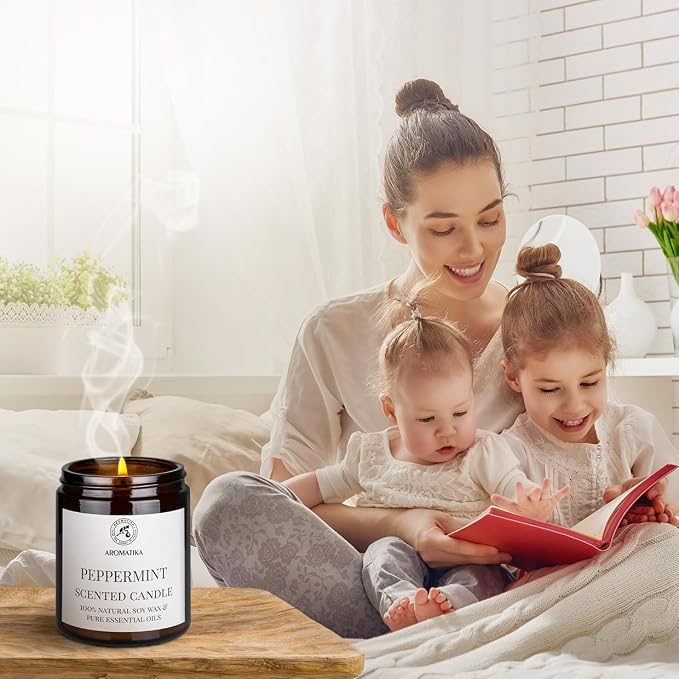 Scented Candle Peppermint - Soy Wax Candles with Essential Oil - Aromatherapy Candle - Soywax 150g - Up to 45 Hours Burn Time - Home Scented Candles - Glass Candle Gift
