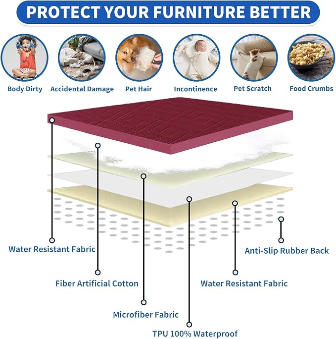 2026 Waterproof Bed Sofa Blanket (68"x82") Comfy Couch Sofa Mat for Dog Pets with Anti-Slip Back, Universal Incontinence Lightweight Liner Pad for Furniture Car Picnic etc Durable Washable, Wine Red