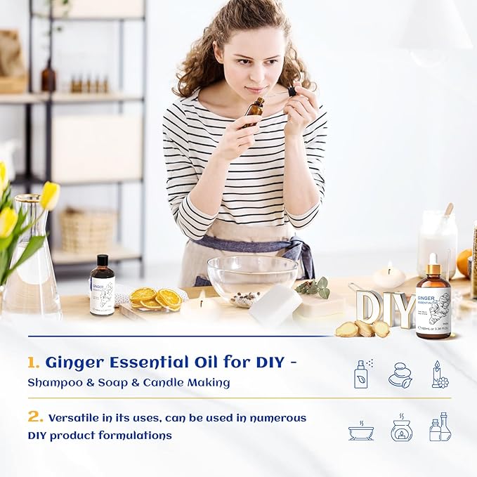 HIQILI Ginger Essential Oil 3.38 Fl Oz, for Massage, Diffuser, Large Bottle with Dropper & Gift Box -100ml | With 10ml Travel Bottle, Creates a Cozy, Soothing Space, Warming Sensation for Body & Joint Comfort - 100ml / 3.38 fl oz