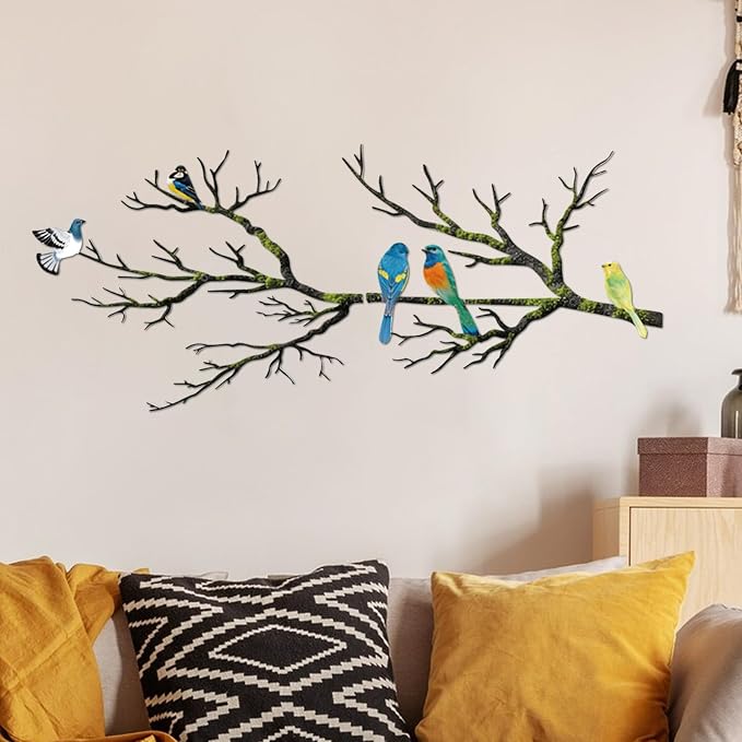 ESTART Metal Birds Wall Art, Metal Vivid Birds on Branch Silhouette Wall Decor Black Leaves with Bird Outdoor Hanging Wall Sculpture for Home Balcony Garden (Bright Color, Large)