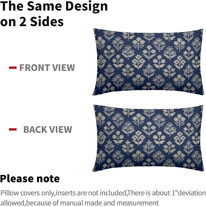 Dark Blue Pillow Covers 12x20 Inch Set of 2, Cream Floral Block Print Pattern Lumbar Decorative Throw Pillowcases Outdoor Farmhouse Rectangle Cushion Covers Spring Summer Sofa Couch Bed Decor