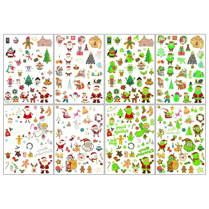 Christmas Temporary Tattoos Glow in the Dark Face Stickers Luminous Snowman Tattoos Mixed Styles Elk Christmas Tree Eye Fake Tattoos Cute Waterproof Stickers for Girls Body Art Makeup 4 Sheets